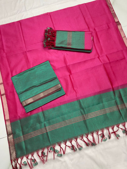 White & Pink Block Print Cotton Blouse Fabric