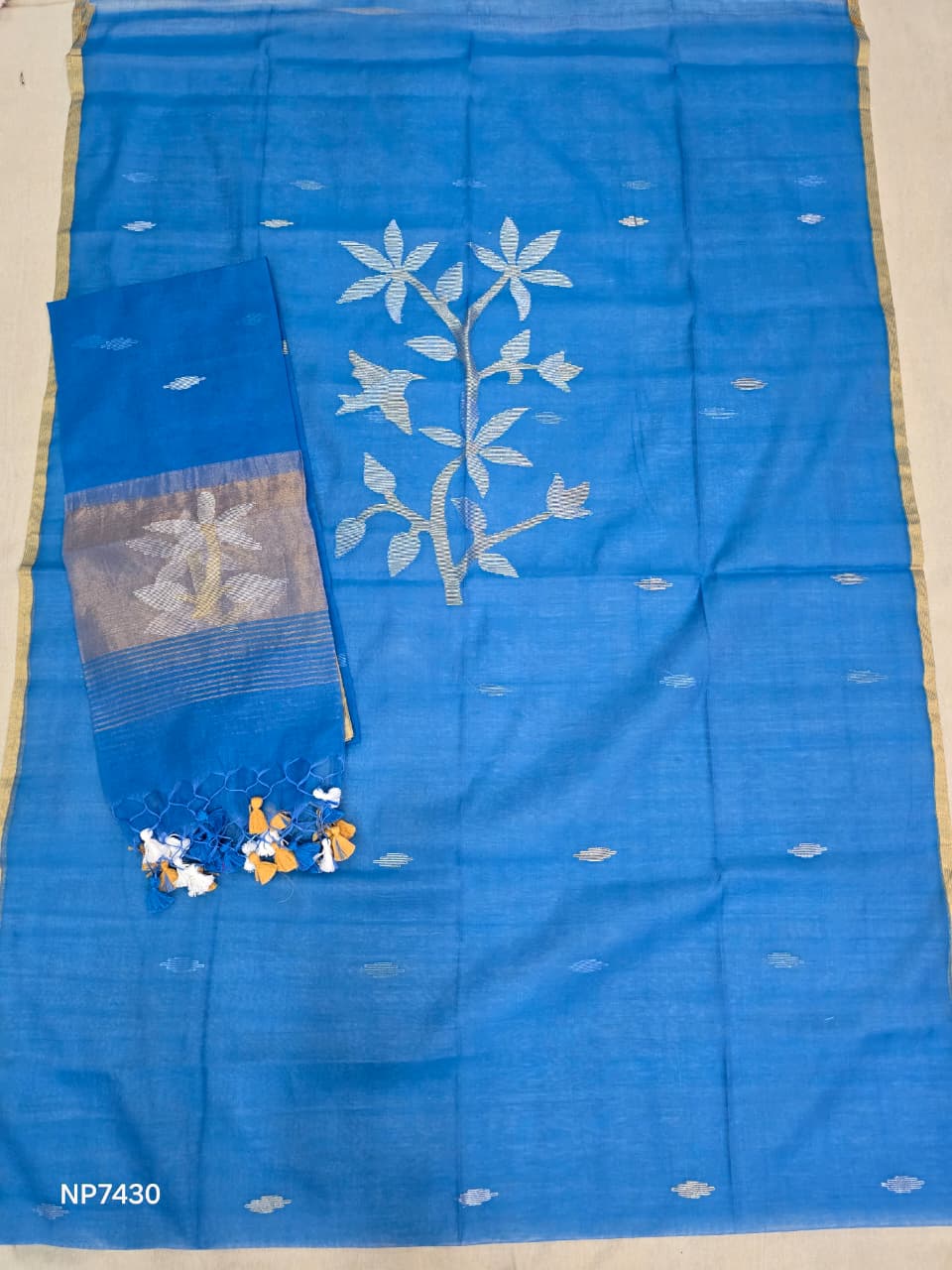 Blue Handloom Silk Jamdani Suit Set- 2 Piece Set