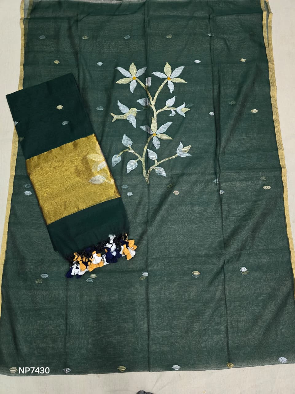 Bottle Green Handloom Silk Jamdani Suit Set- 2 Piece Set