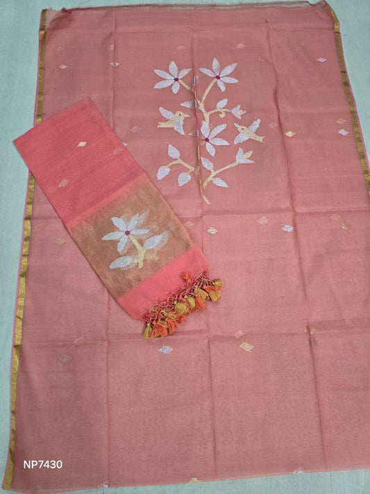 Peach Handloom Silk Jamdani Suit Set- 2 Piece Set