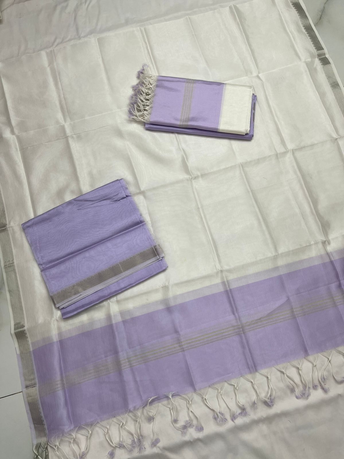White saree with purple Handloom Mangalagiri Silk Suit Dupatta Set - Desi Weaves