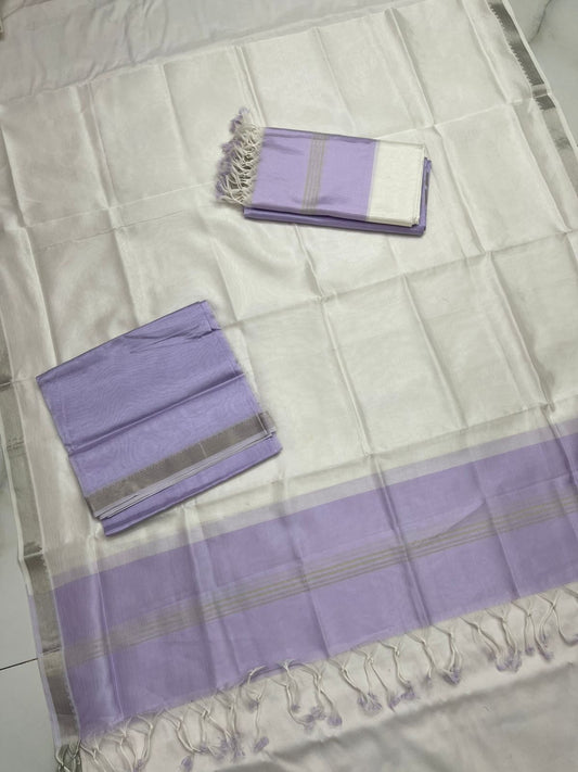 White saree with purple Handloom Mangalagiri Silk Suit Dupatta Set - Desi Weaves