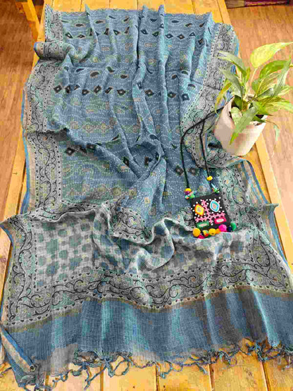 Desi Weaves Ajrakh Block Print Kota Doria Dupatta