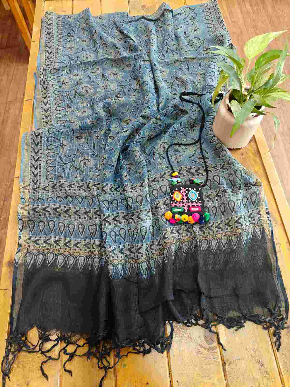 Desi Weaves Ajrakh Block Print Kota Doria Dupatta