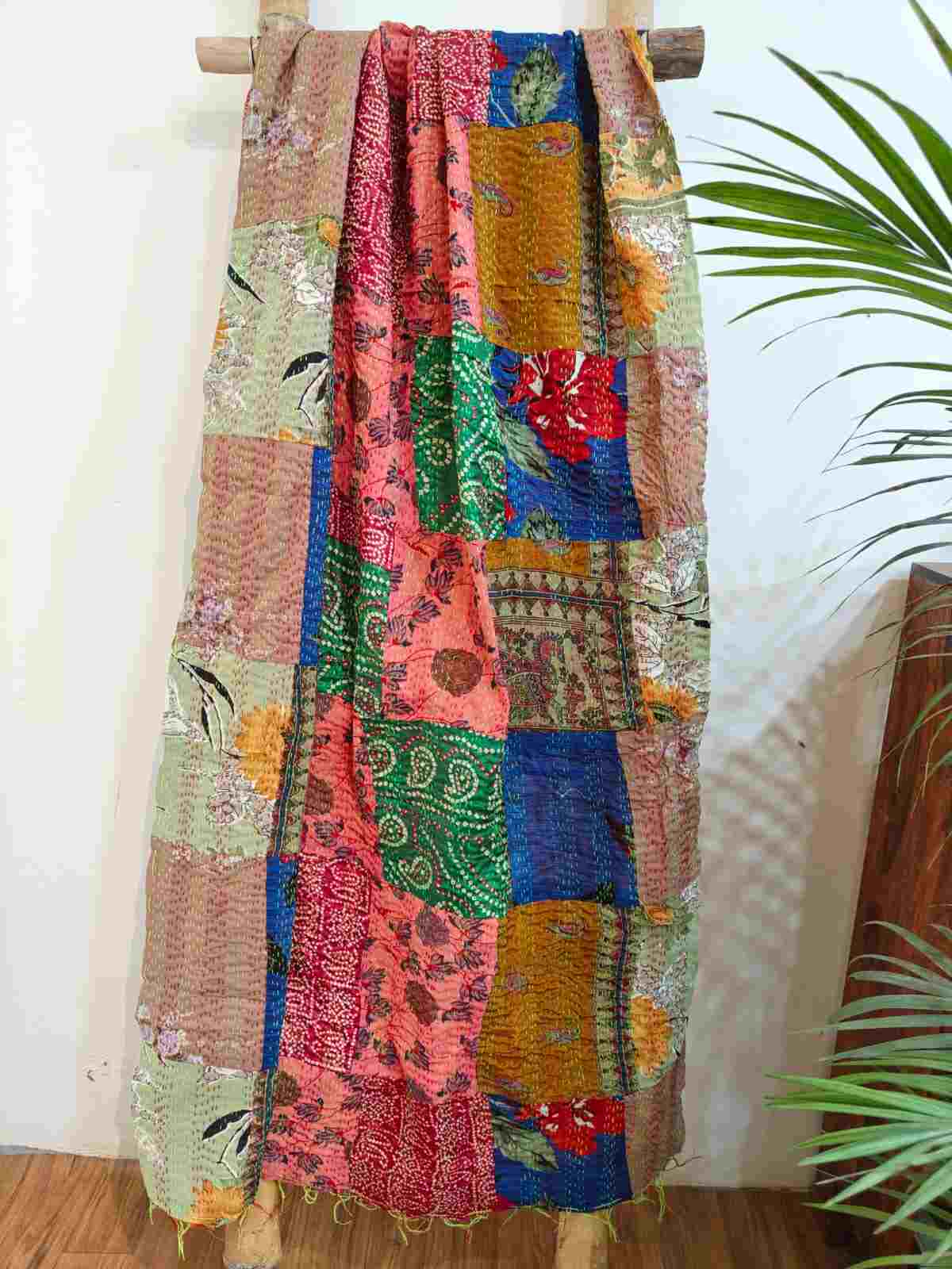 Desi Weaves Kantha Stitch Patchwork Reversible Silk Dupatta