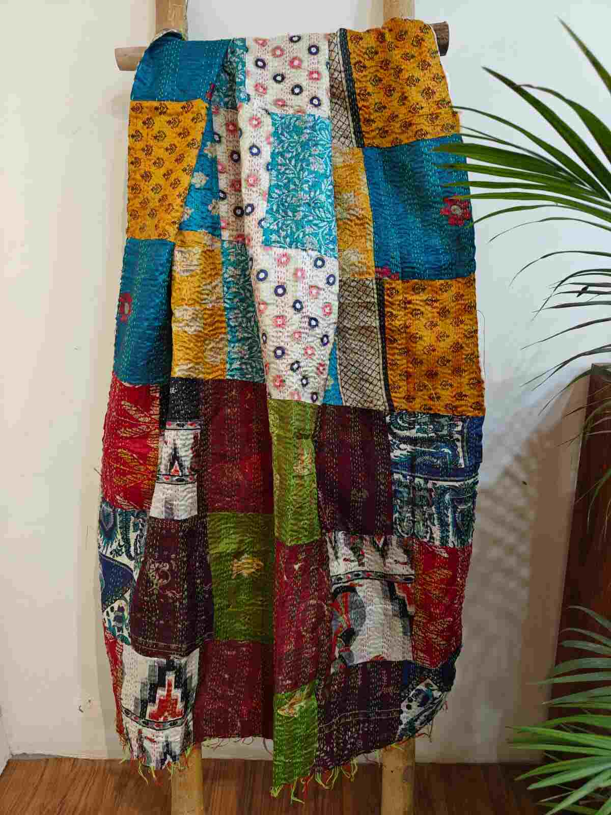 Desi Weaves Kantha Stitch Patchwork Reversible Silk Dupatta