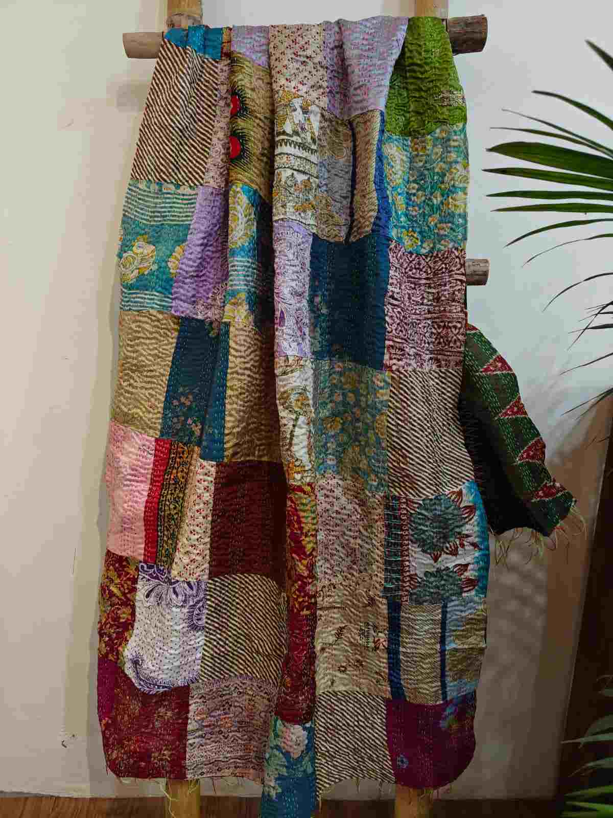 Desi Weaves Kantha Stitch Patchwork Reversible Silk Dupatta