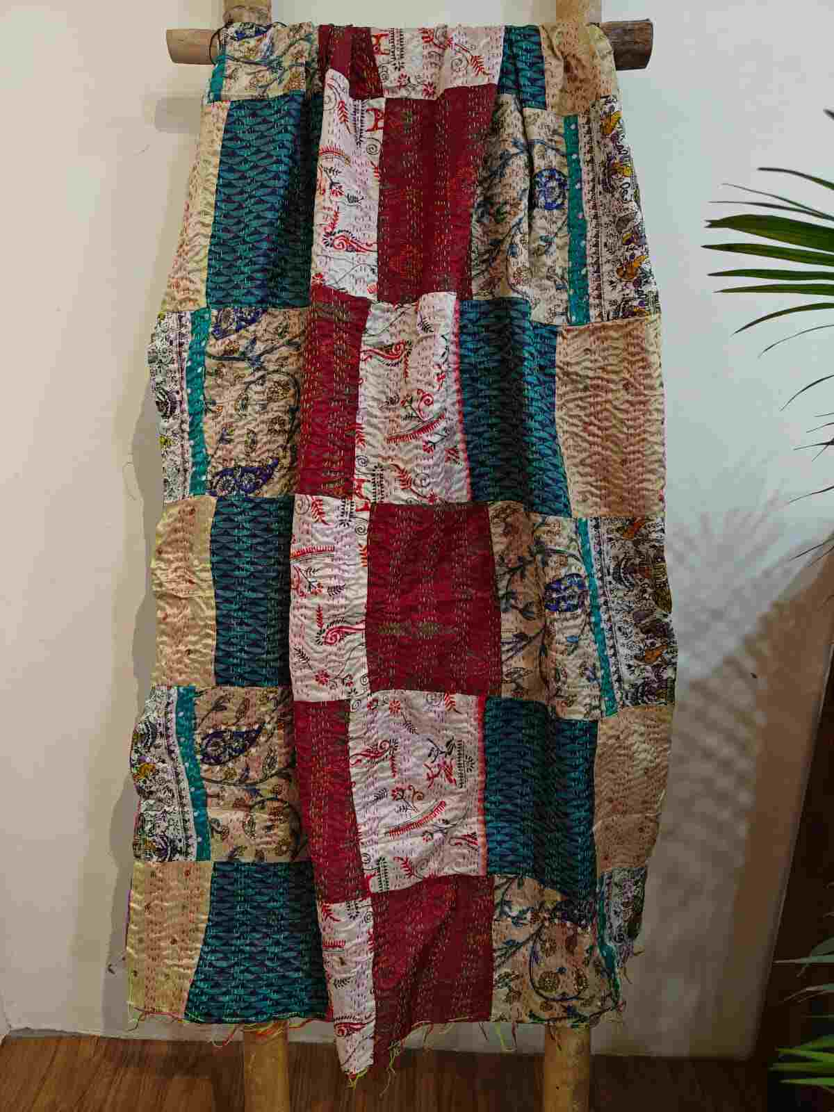 Desi Weaves Kantha Stitch Patchwork Reversible Silk Dupatta