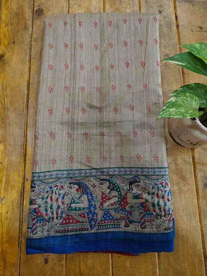 Beige Handloom Madhubani Printed Desi Tussar Silk Saree