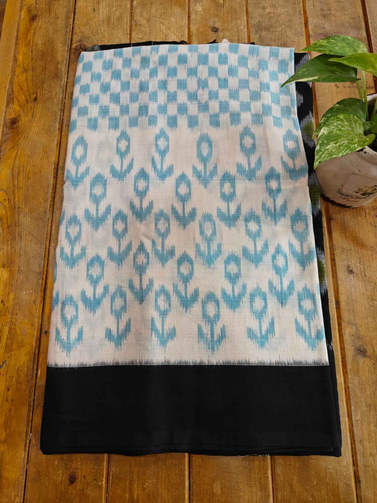 Sky & black  handloom Ikkat cotton saree