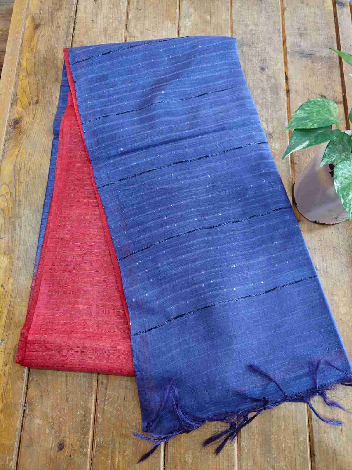 Red & Blue Semi Tussar Silk Saree With Blouse