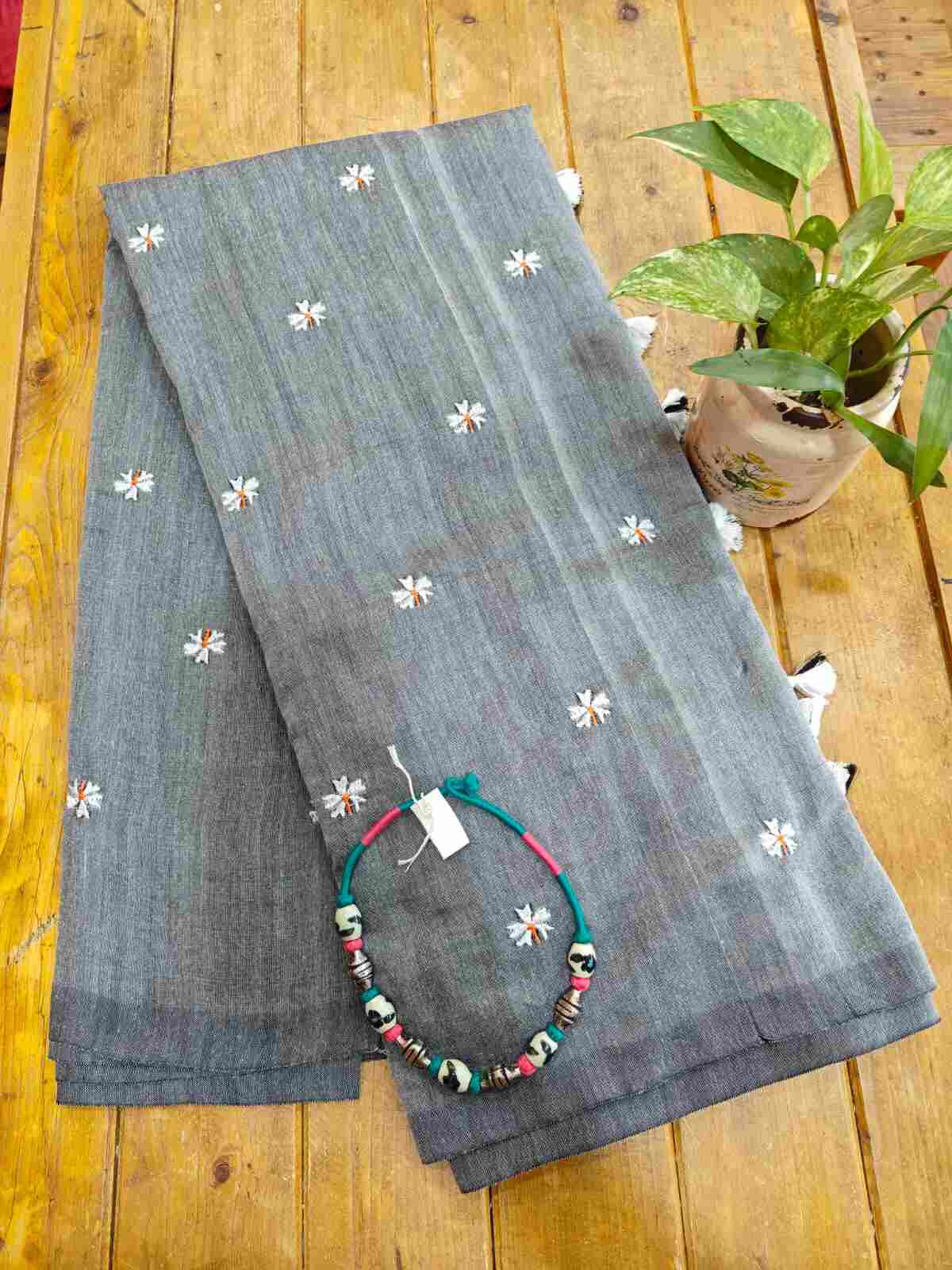 Grey  Cotton Saree With Blouse