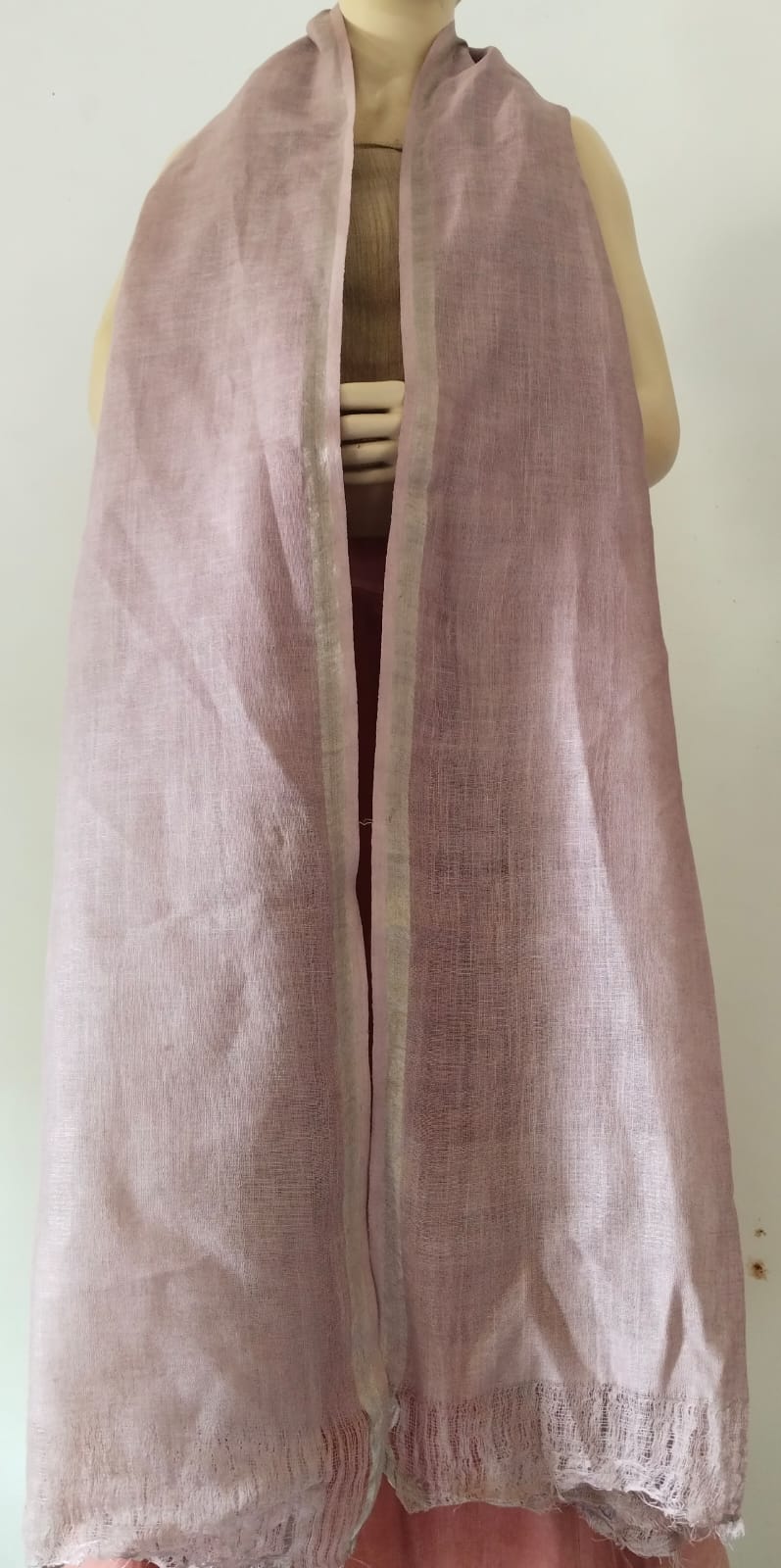 Light Mauve Silver Zari Border Pure Linen Dupatta