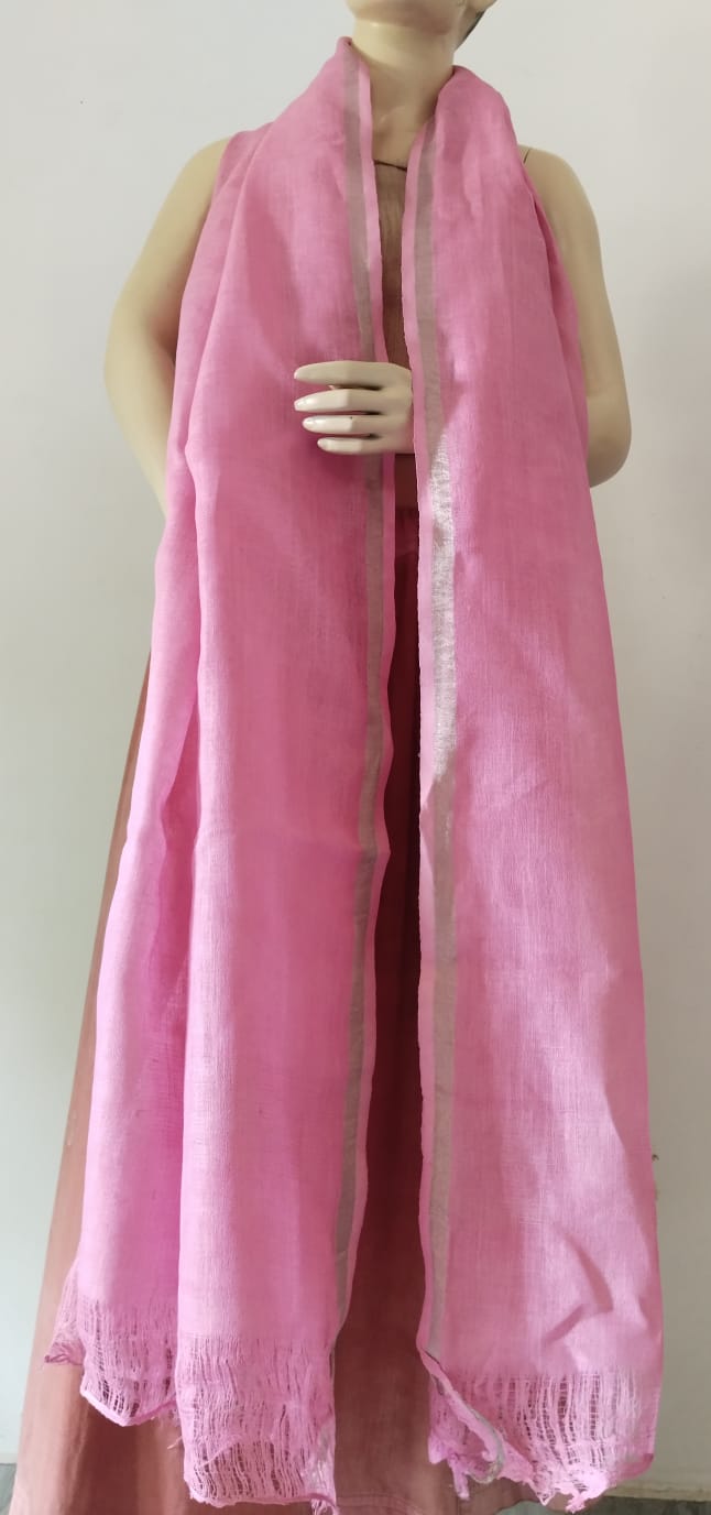 Bright Pink Silver Zari Border Pure Linen Dupatta