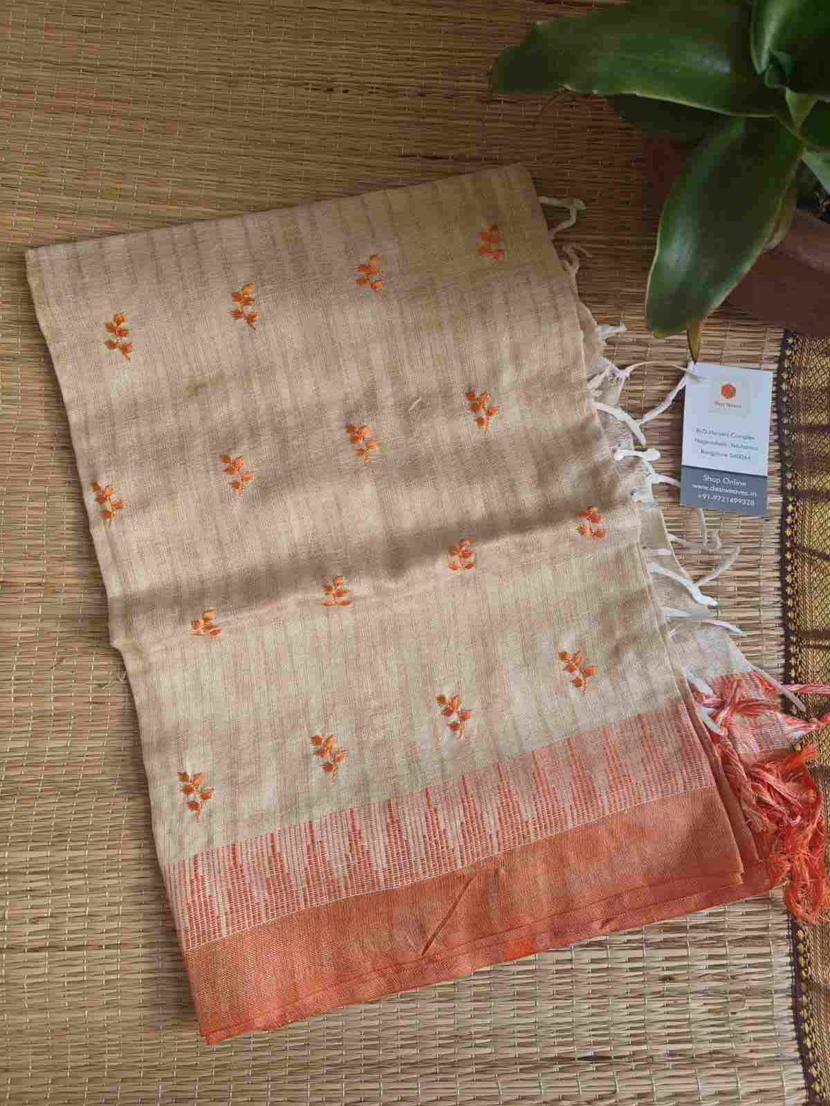 Orange Embroidered Khadi Silk Cotton Dupatta