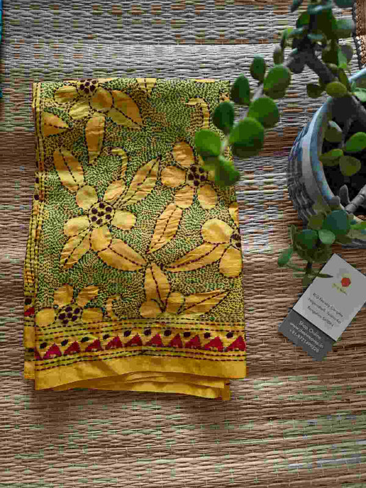yellow kantha stitch silk stole - Desi Weaves