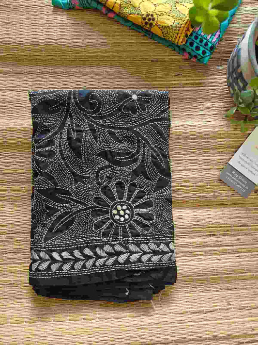 black kantha stitch silk stole - Desi Weaves