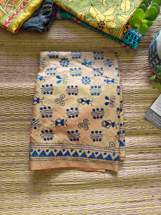 beige kantha stitch silk stole - Desi Weaves