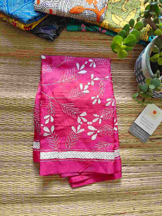 pink kantha stitch silk stole - Desi Weaves