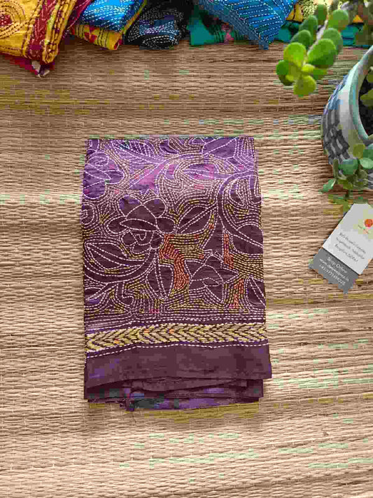 wine kantha stitch silk stole - Desi Weaves