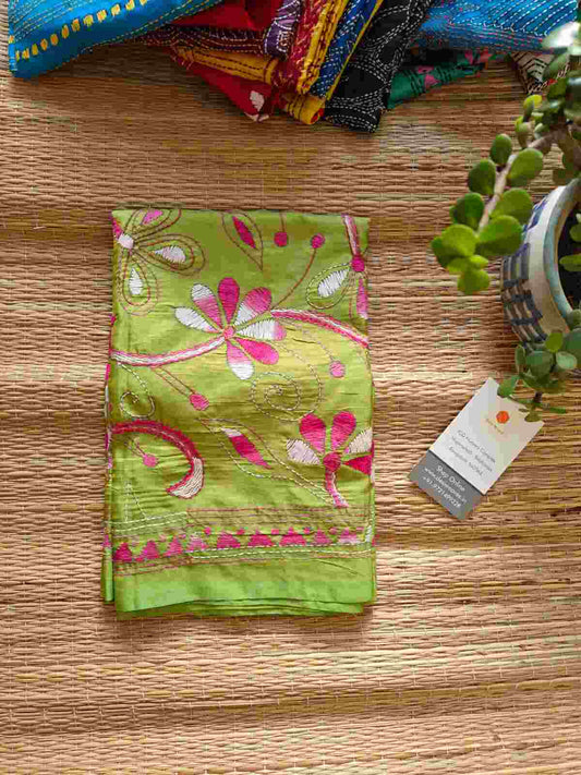 green kantha stitch silk stole - Desi Weaves