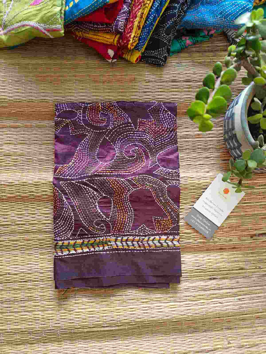 wine kantha stitch silk stole - Desi Weaves