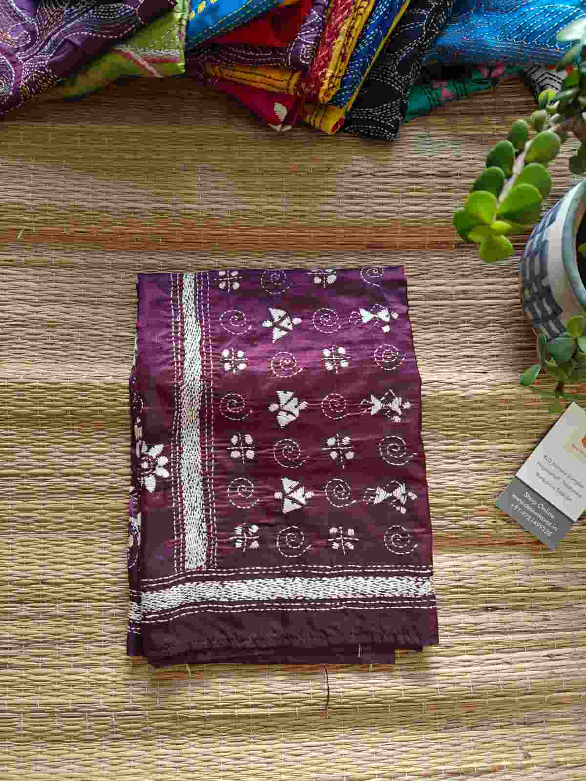 kantha stitch silk stole - Desi Weaves