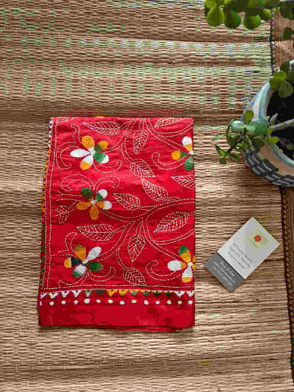 red kantha stitch silk stole - Desi Weaves