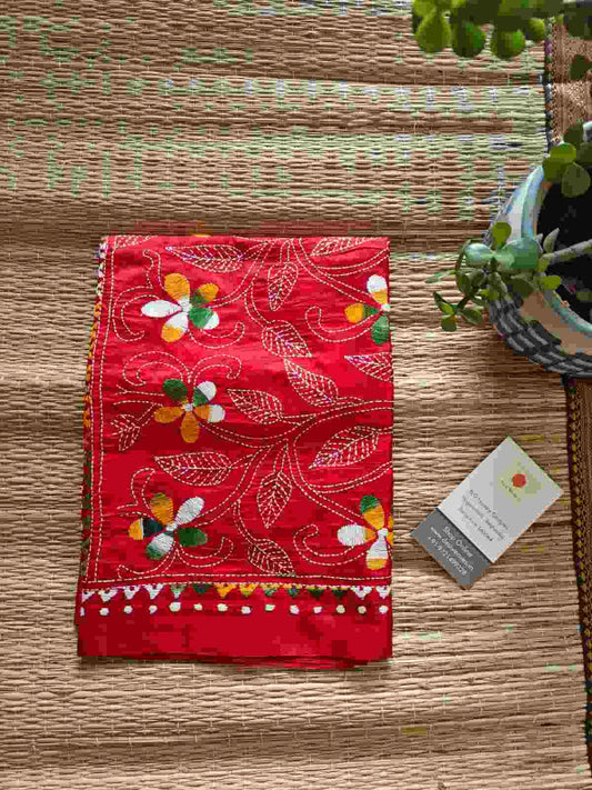 red kantha stitch silk stole - Desi Weaves