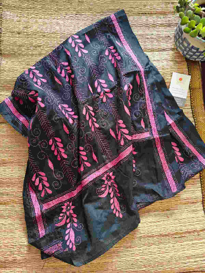 black kantha stitch silk stole - Desi Weaves