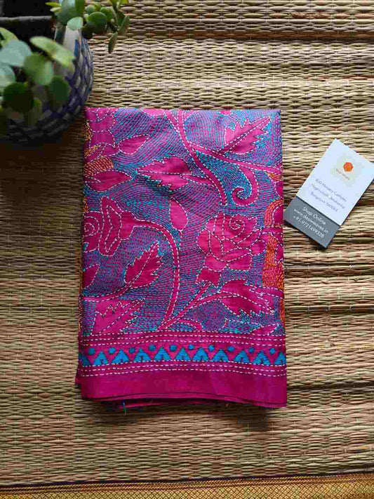 pink kantha stitch silk stole - Desi Weaves 