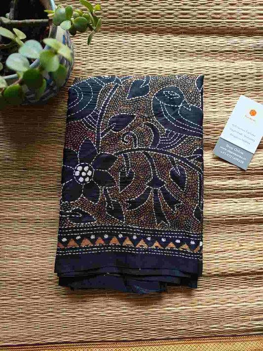 black kantha stitch silk stole - Desi Weaves 