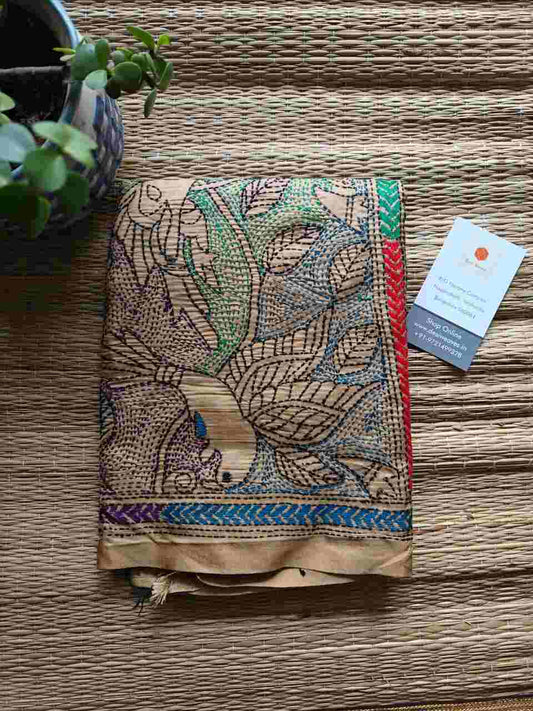 beige kantha stitch silk stole - Desi Weaves 