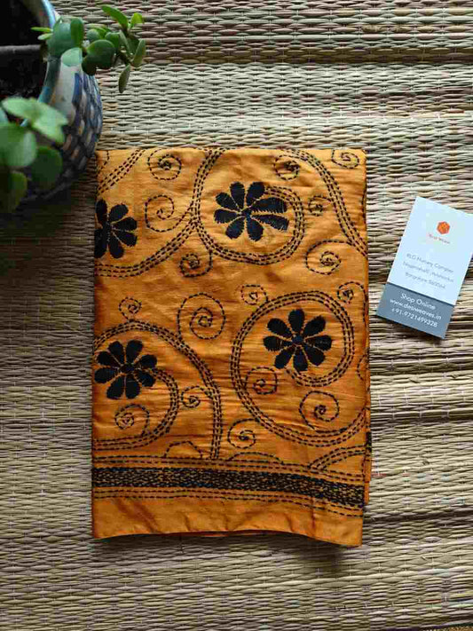 yellow kantha stitch silk stole - Desi Weaves 