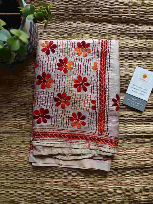 beige kantha stitch silk stole - Desi Weaves 