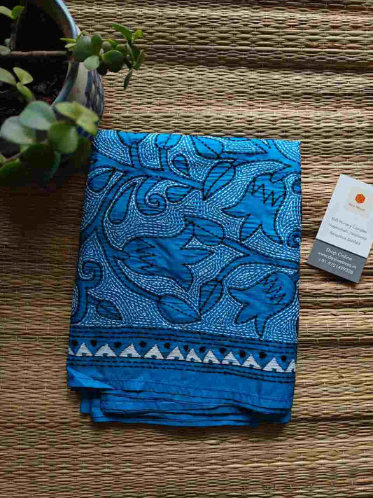 blue kantha stitch silk stole - Desi Weaves 