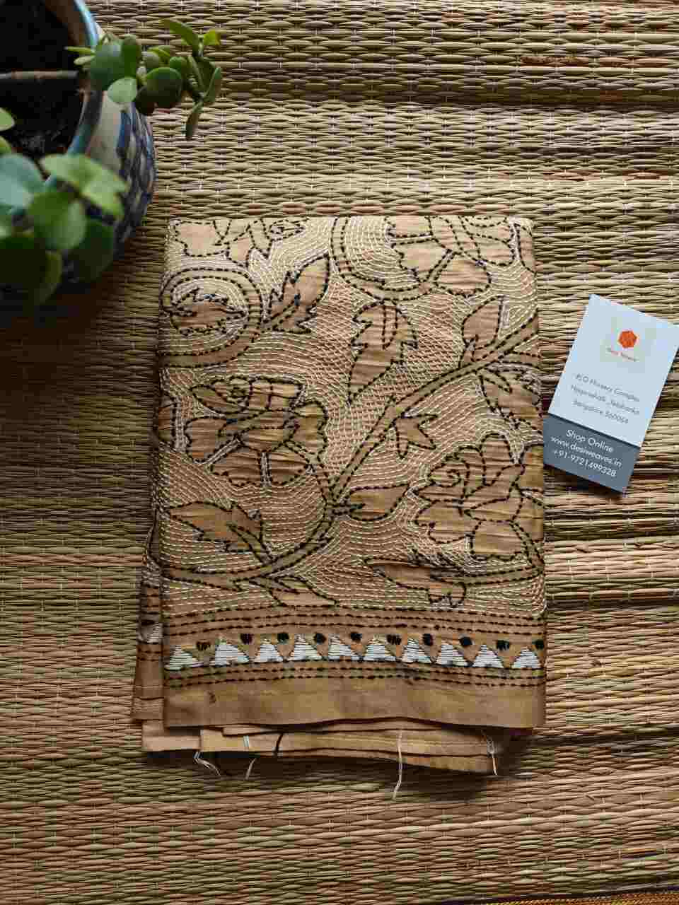 beige kantha stitch silk stole - Desi Weaves 