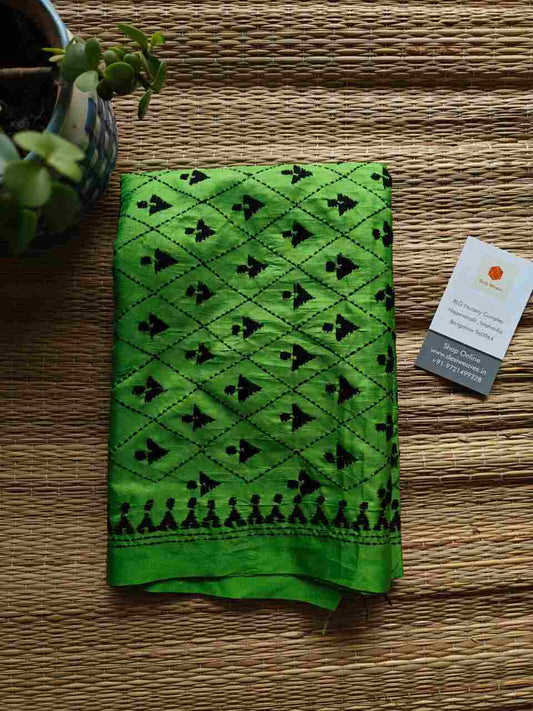 green kantha stitch silk stole - Desi Weaves 
