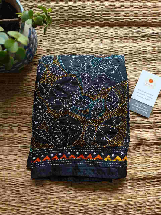 black kantha stitch silk stole - Desi Weaves 