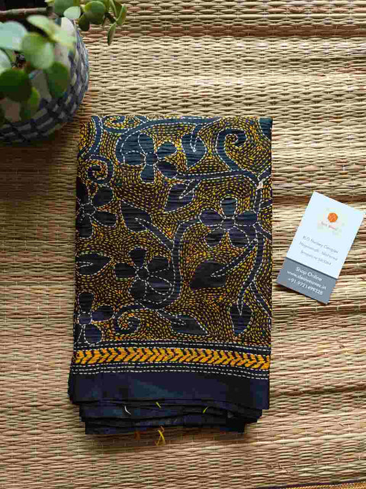 black kantha stitch silk stole - Desi Weaves 