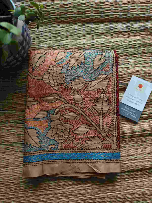 beige kantha stitch silk stole - Desi Weaves 