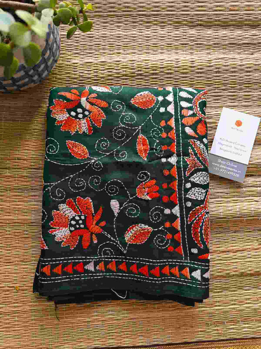 dark green kantha stitch silk stole - Desi Weaves 
