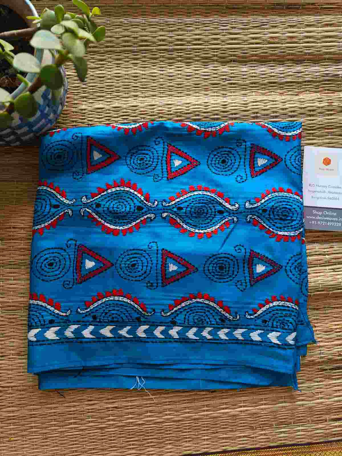 blue kantha stitch silk stole - Desi Weaves 