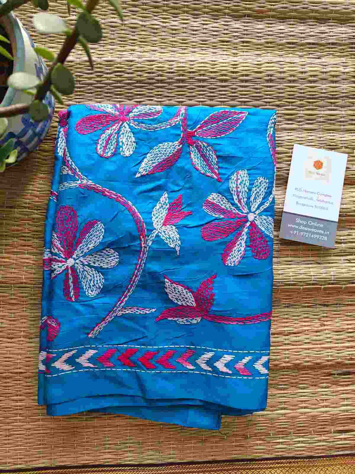 firozi kantha stitch silk stole - Desi Weaves 