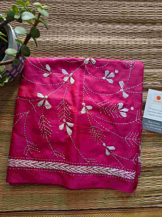 magenta kantha stitch silk stole - Desi Weaves 