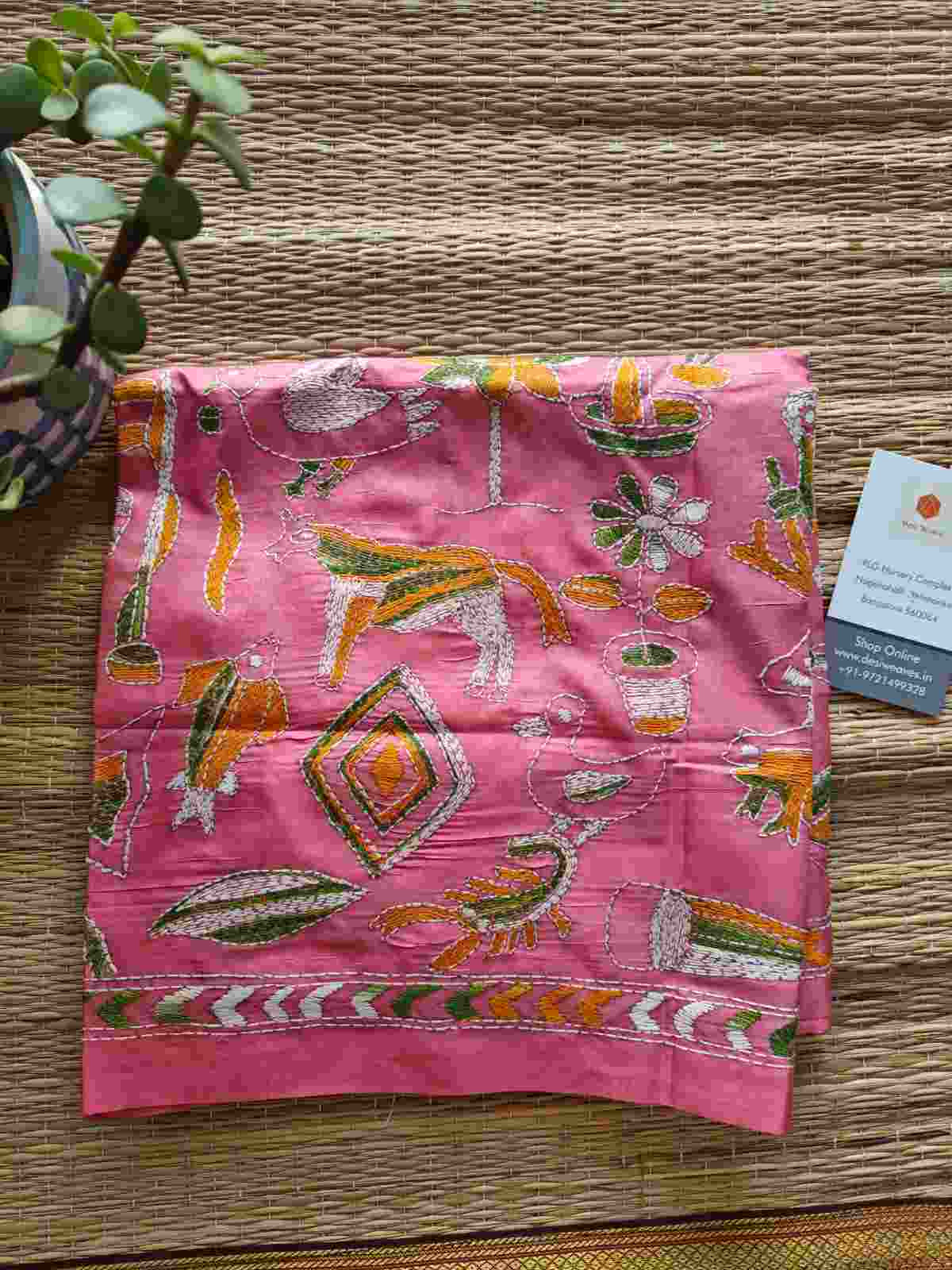 pink kantha stitch silk stole - Desi Weaves 