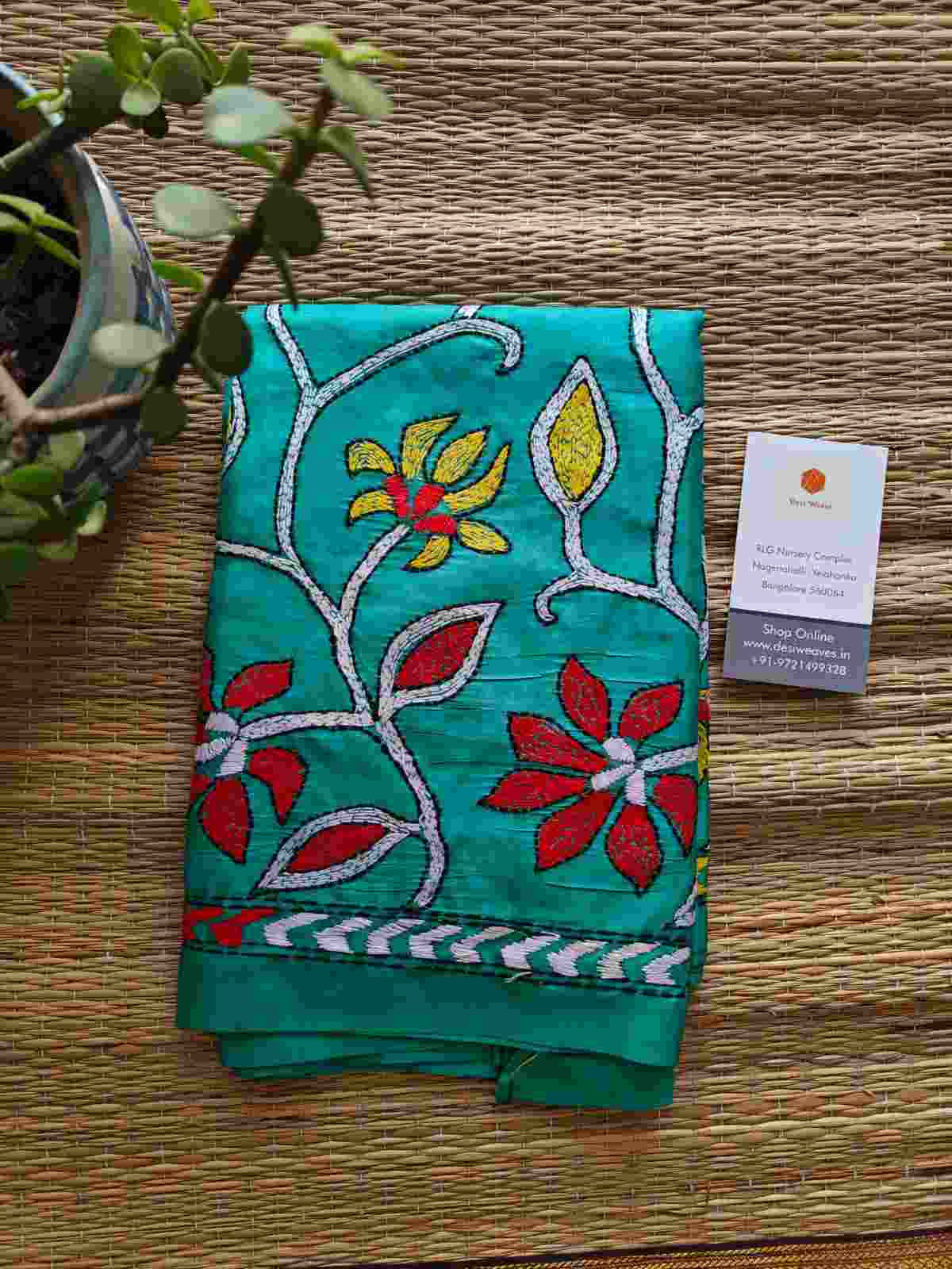 green kantha stitch silk stole - Desi Weaves 