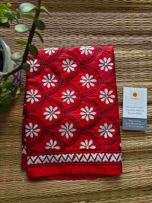 red kantha stitch silk stole - Desi Weaves 