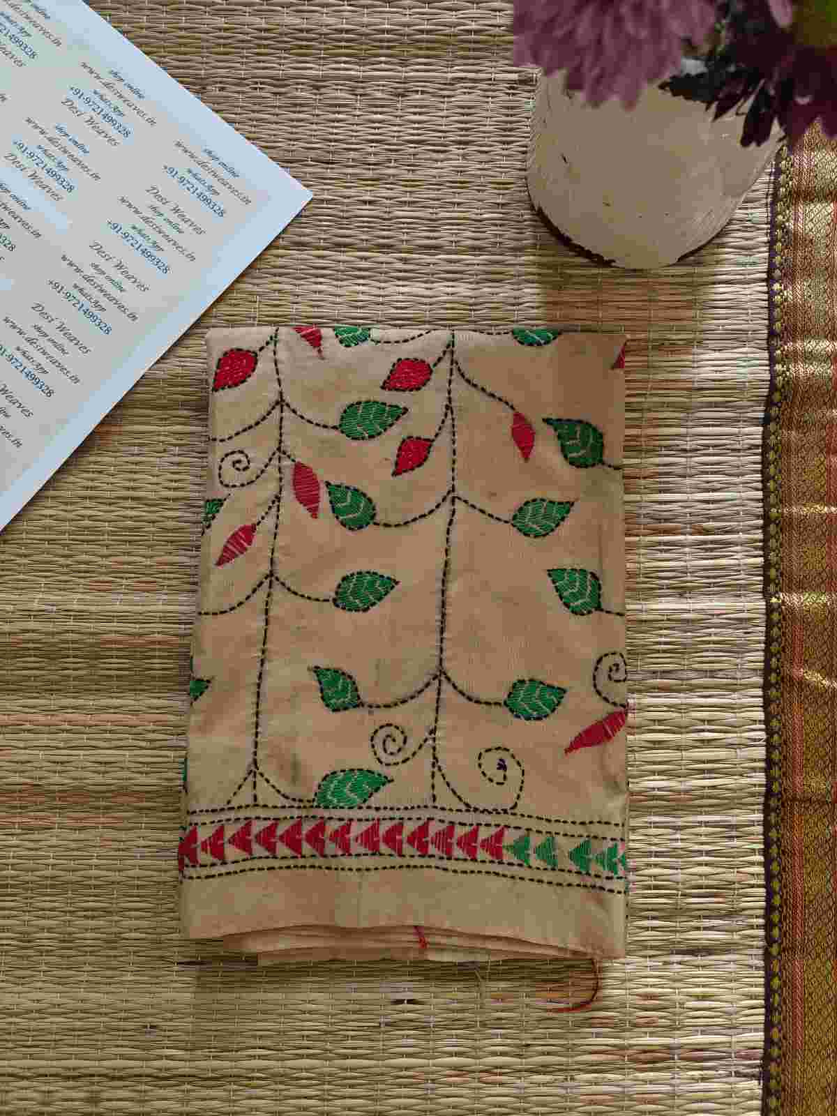 kantha stitch silk stole - Desi Weaves