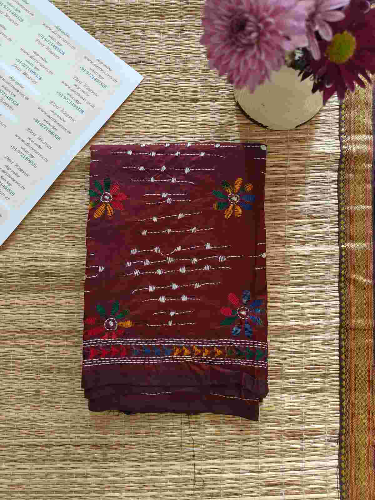 kantha stitch silk stole - Desi Weaves